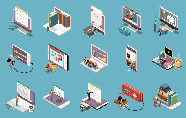 Online education isometric set of web lecture in tablet or pc screen and people listening to podcasts by headphones connected to smartphone vector illustration