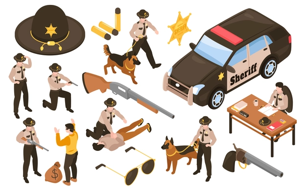 Isometric sheriff set with isolated icons and characters of policeman doing his job on blank background vector illustration