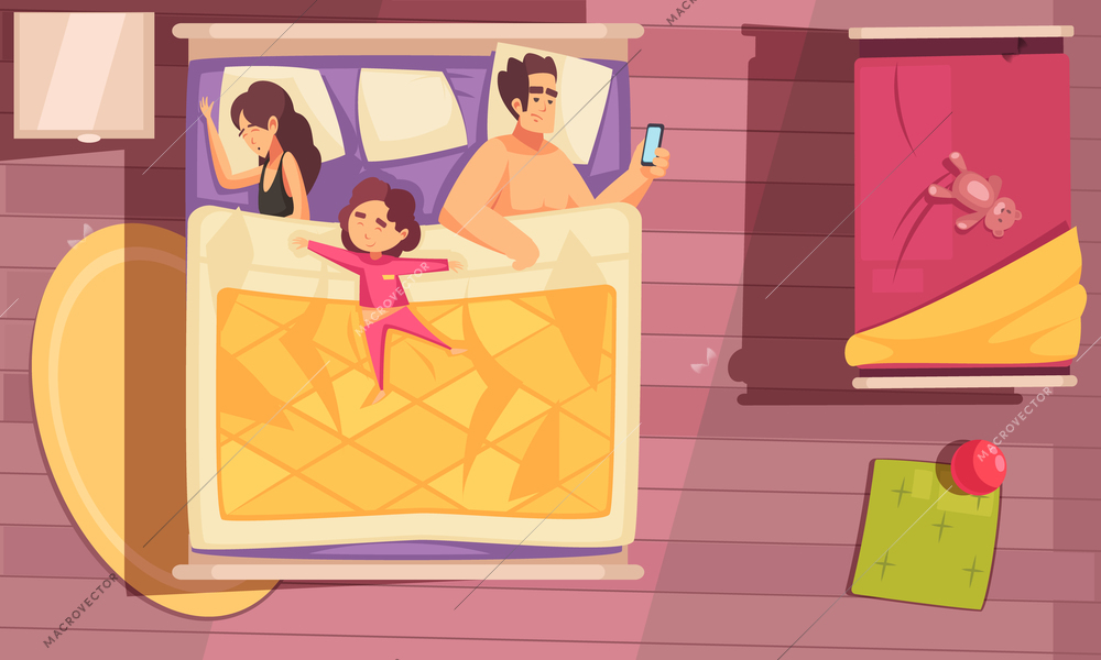 Family sleep time background with child in bed symbols flat vector illustration