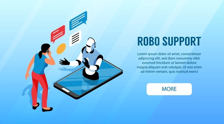 Call center customer robot support  isometric horizontal landing page banner with humanoid chatting from smartphone screen vector illustration