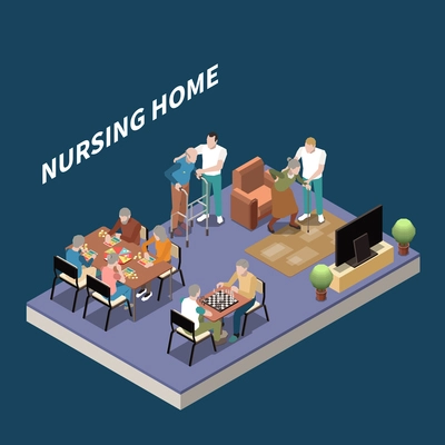 Nursing home isometric background with residents meeting for rest and leisure with help of their caretakers vector illustration