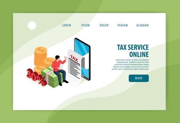 Tax service online concept isometric landing page banner with sitting on banknotes taxpayer filling application  vector illustration