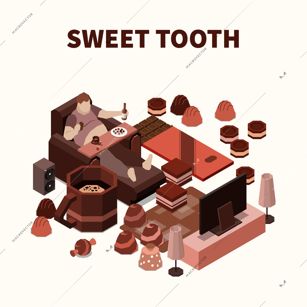 Sweet tooth isomeric background with fat man eating sweets and chocolate production vector illustration