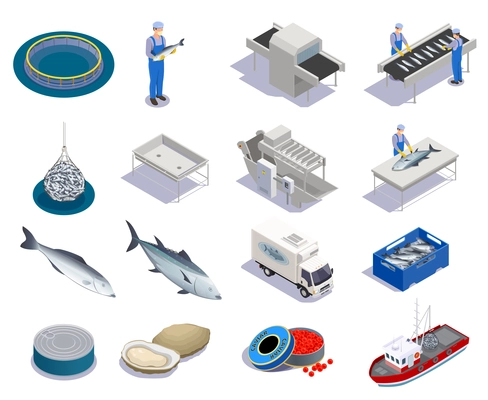 Fish industry seafood production isometric set with isolated icons of sea products and conveyors with people vector illustration