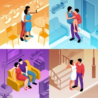 Isometric couple love compositions set of four square indoor and outdoor scenes of dating partners vector illustration