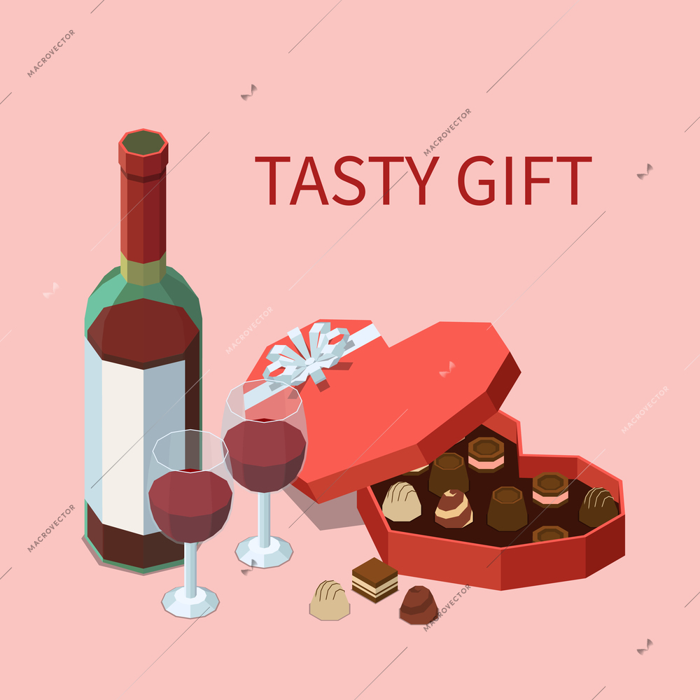 Tasty gift isomeric background with bottle of red vine two glasses filled with wine and open box of chocolates vector illustration