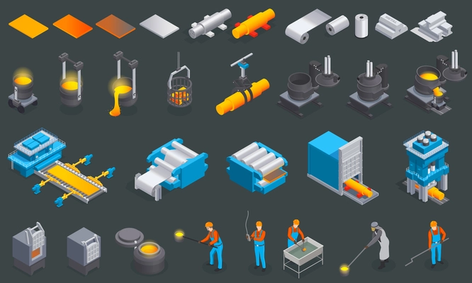 Metallurgy foundry industry isometric set with isolated icons and images of metal production factory equipment machinery vector illustration