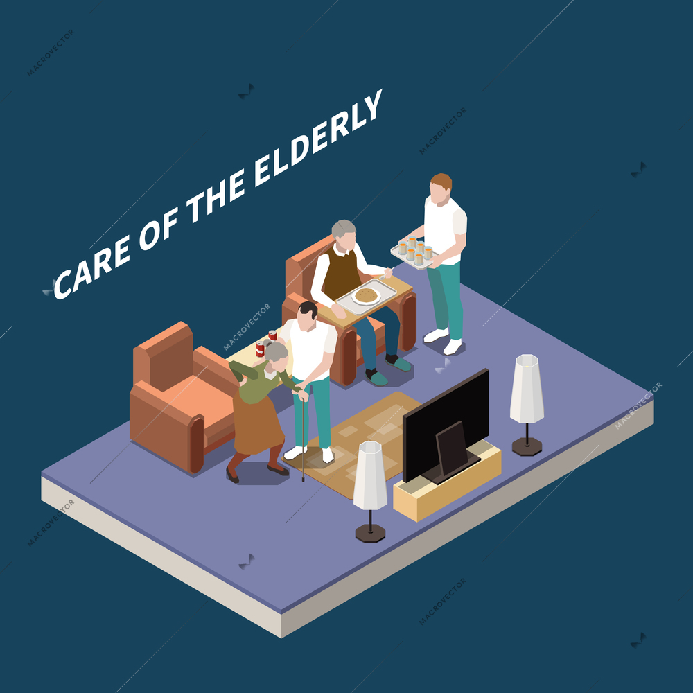 Nursing home isometric composition with employees caring old people with disabilities to move and eat vector illustration