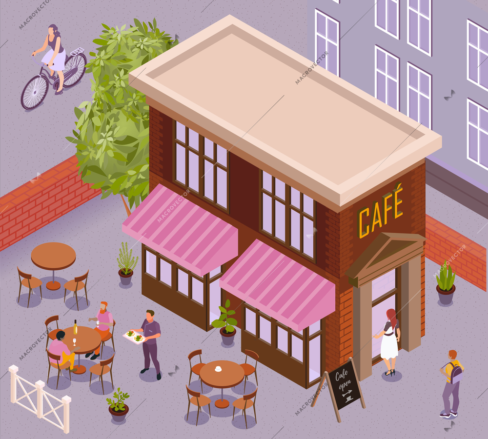 Fragment of city landscape with cafe building and outdoor tables isometric background vector illustration