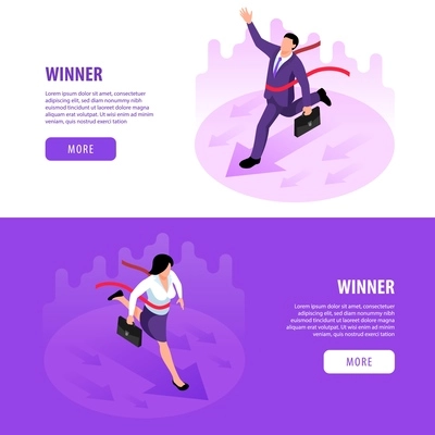 Isometric winner businessman horizontal banners set with human characters of running people more button and text vector illustration