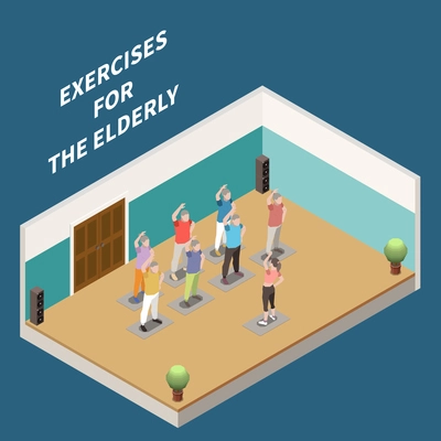 Nursing home isometric composition with elderly people doing gym exercises under guidance of young coach vector illustration