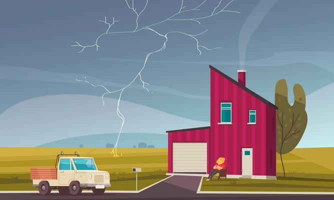 Natural phenomena background with thunderstorm and lightning symbols flat vector illustration
