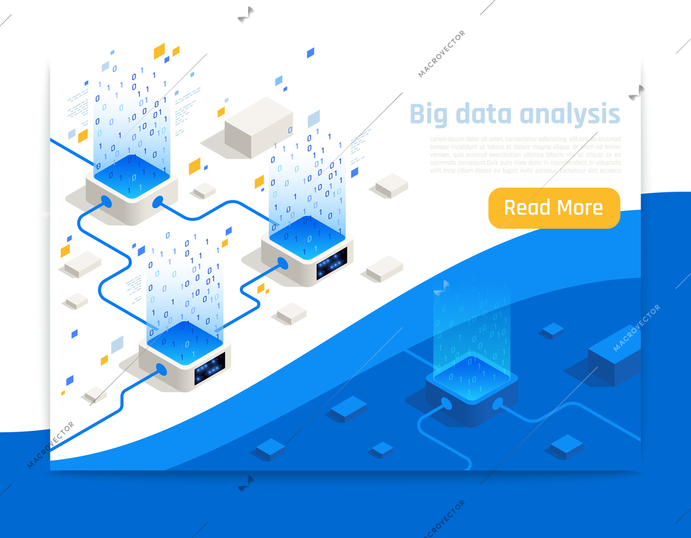 Big data storage transfer and analysis technologies isometric landing page web banner high tech design vector illustration