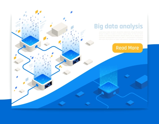 Big data storage transfer and analysis technologies isometric landing page web banner high tech design vector illustration