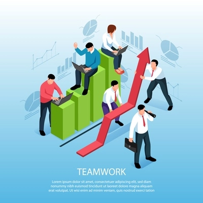 Teamwork efficient collaboration symbols isometric composition with team members working together holding up red arrow vector composition