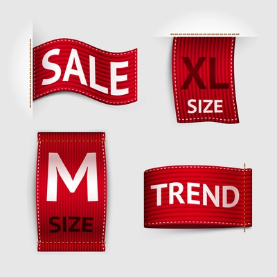 Clothing size trend sale red label ribbon set isolated vector illustration