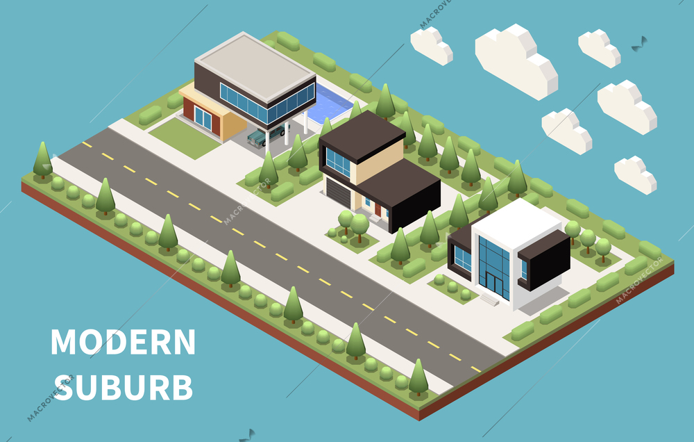 Modern suburb isometric landscape with individual houses pool and decorative trees vector illustration