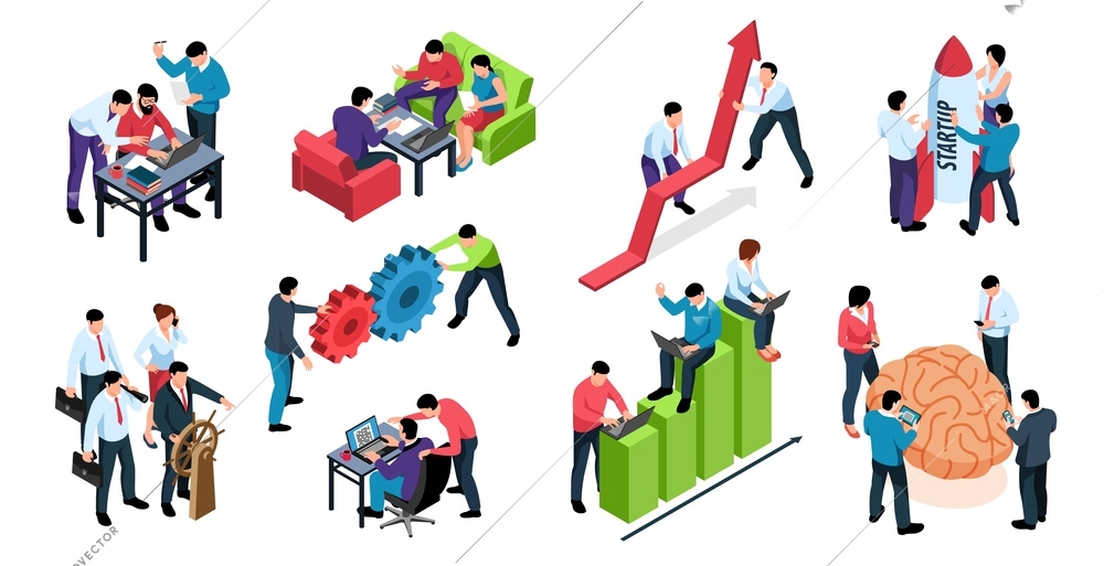 Efficient teamwork elements isometric set with brainstorm solving problems together  startup common goal productivity growth vector illustration