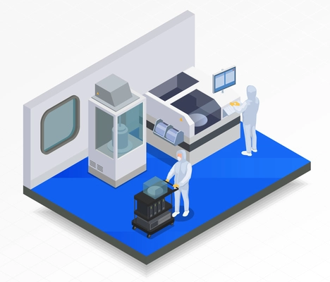 Semiconductor chip production isometric composition with indoor view of laboratory and workers with hi-tech machinery vector illustration