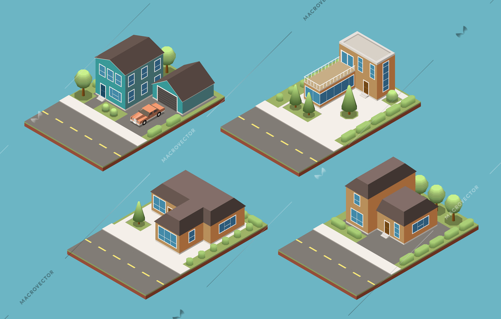 Suburban buildings of individual design  isometric set with  stretch of road and decorative trees vector illustration