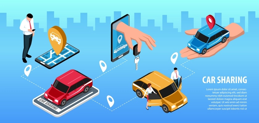 Isometric car sharing horizontal infographics with editable text cityscape silhouette background and cars with location signs vector illustration