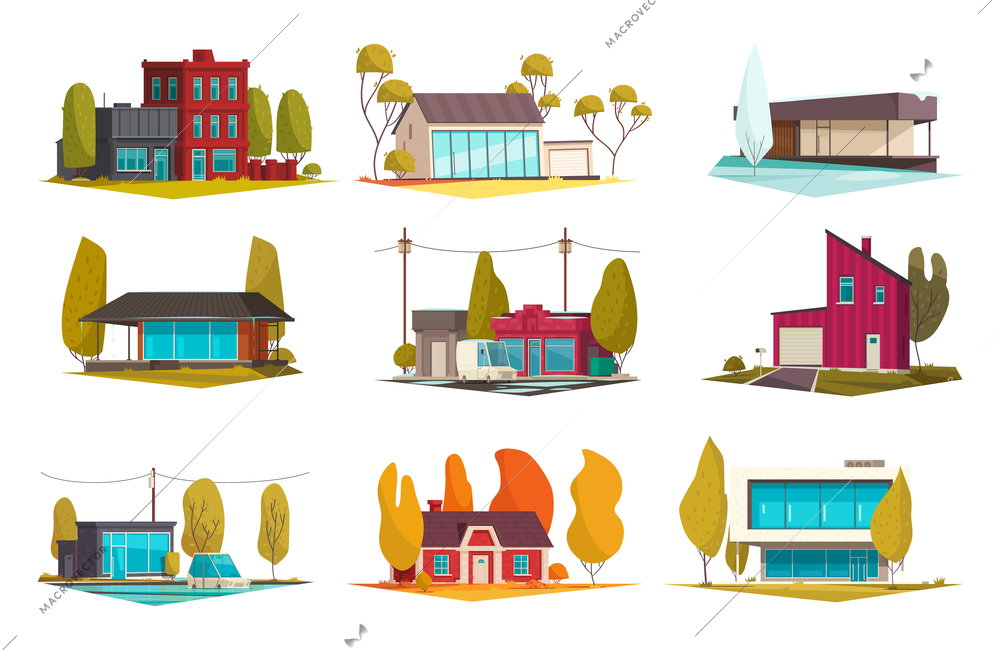 House design set with seasons and weather symbols flat isolated vector illustration