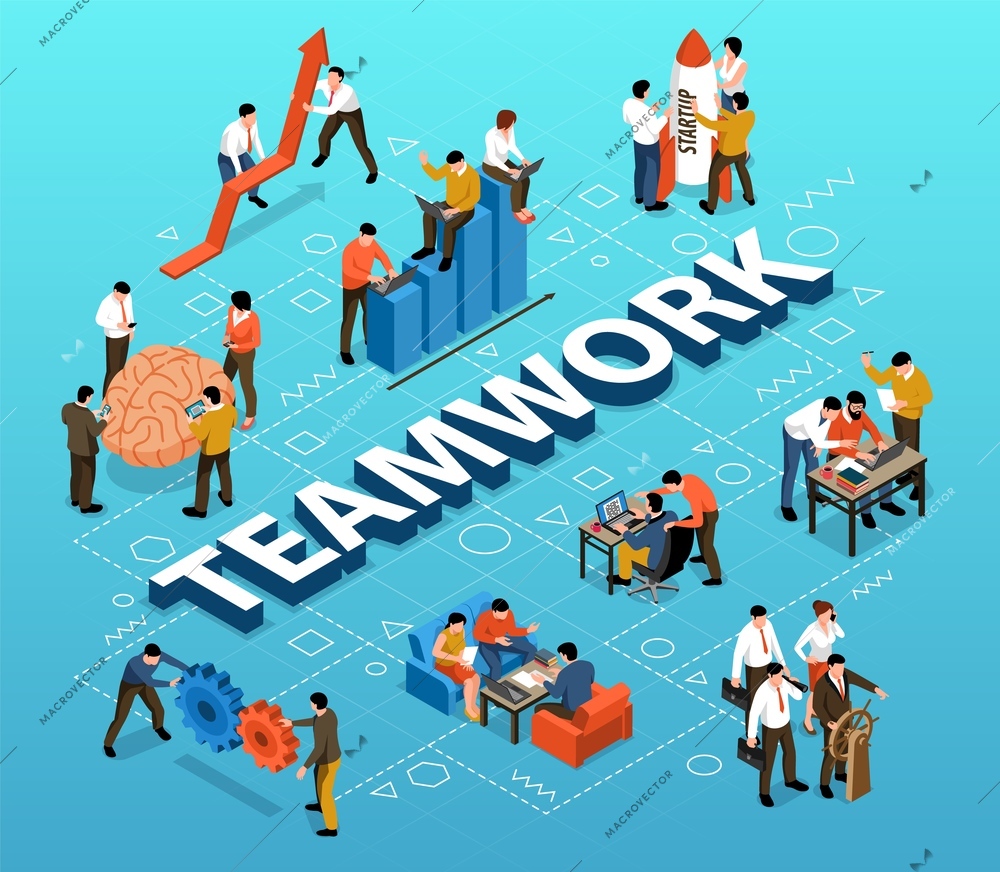 Teamwork isometric flowchart title lettering with brainstorm efficient collaboration startup common goal support increasing productivity vector illustration