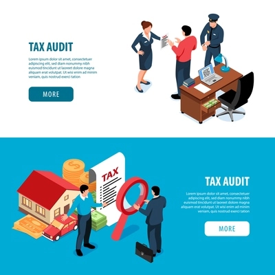 Set of two isometric tax accounting horizontal banners with clickable more button editable text and images vector illustration