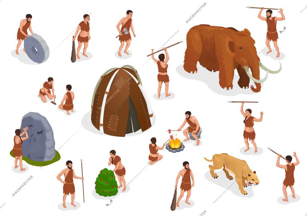 Caveman prehistoric primitive people set with isolated ancient human characters armed with spear pikes and animals vector illustration