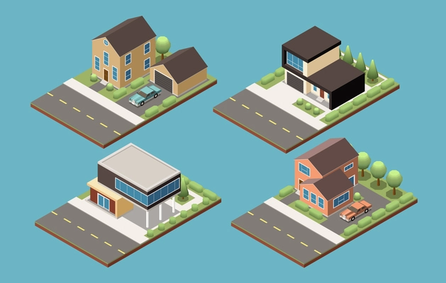 Suburban buildings of different designs isometric collection with garage and croft isolated vector illustration