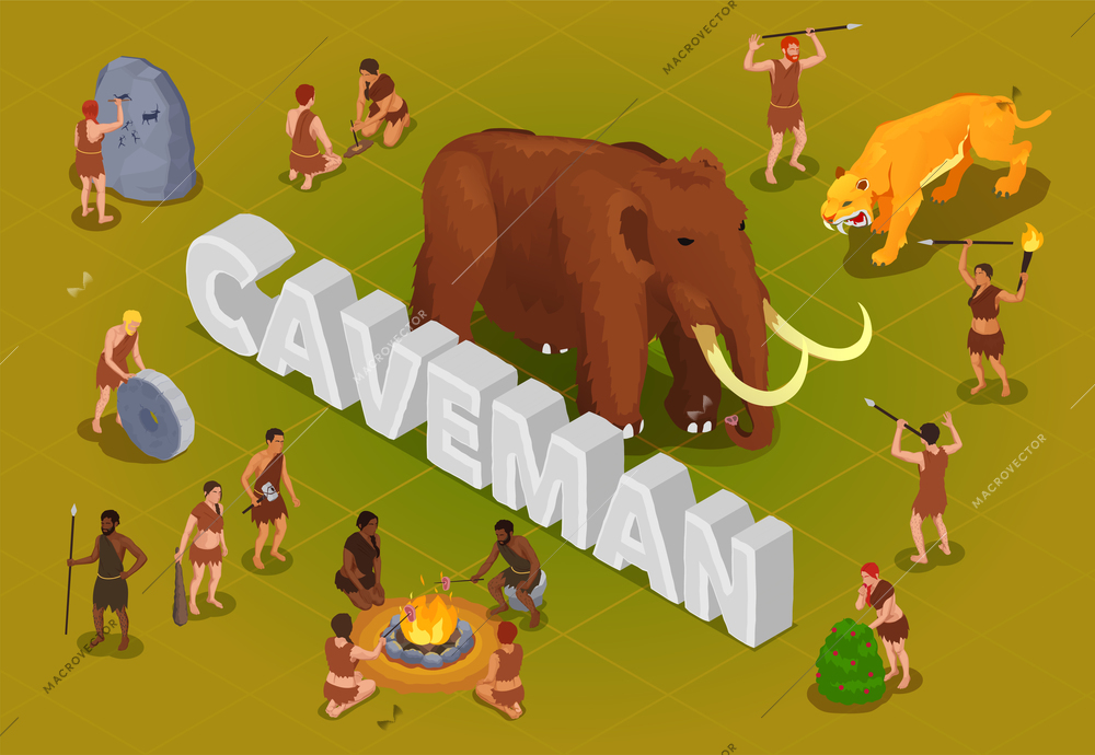 Caveman prehistoric primitive people composition with 3d text surrounded by isolated human characters with wild animals vector illustration