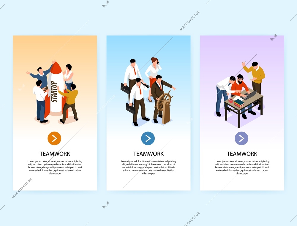 Set with three isolated teamwork vertical banners with isometric human characters of collaborating workers with text vector illustration