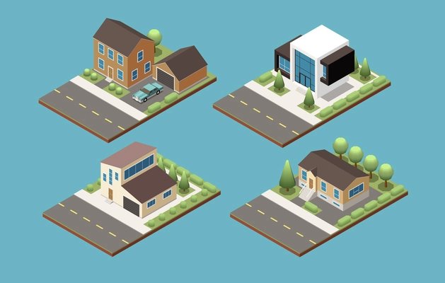 Set of four isometric compositions representing various project of suburban building and private cottage vector illustration