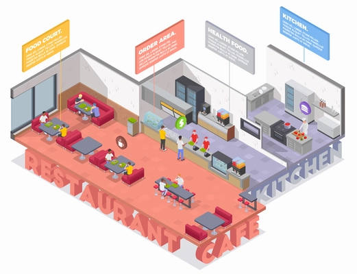 Food court isometric infographics with view of restaurant kitchen and cafe venues with text caption blocks vector illustration