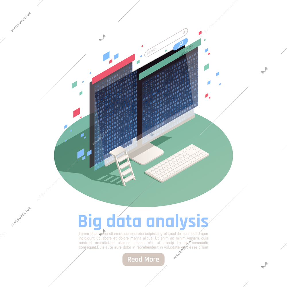 Big data analysis business research automated reporting isometric composition with huge computer monitors ladder symbols vector illustration