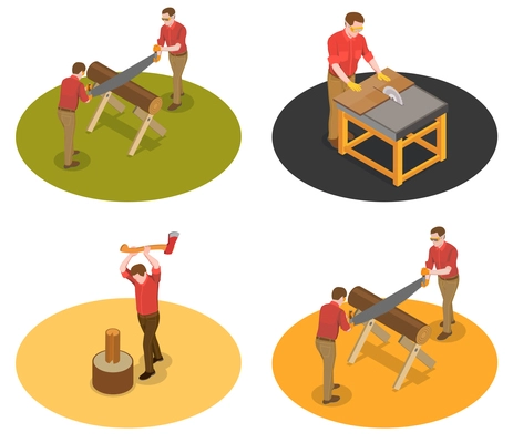 Sawmill timber mill lumberjack isometric set of four isolated compositions with characters of workers with wood vector illustration