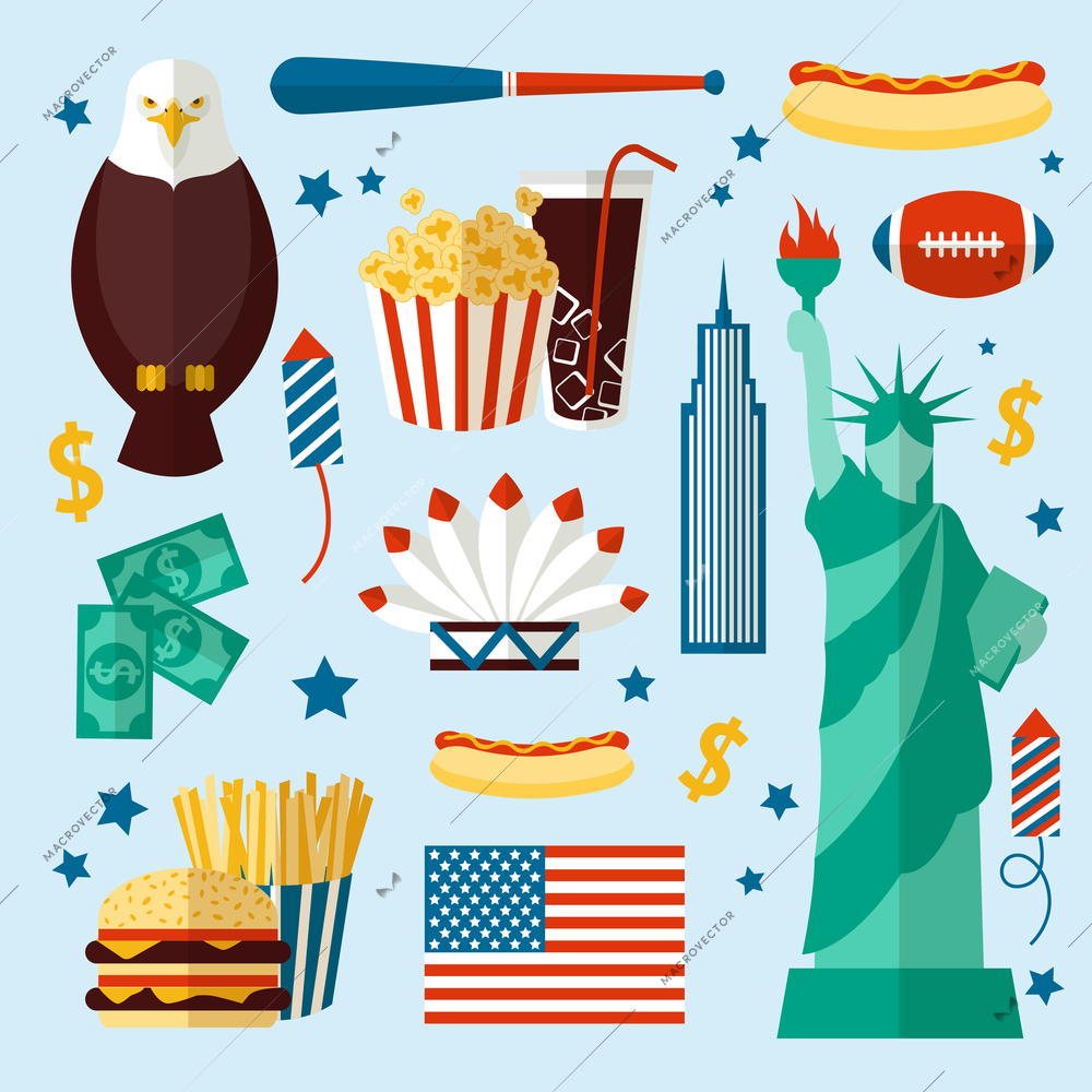 New York USA set of liberty statue skyscraper fast food isolated vector illustration