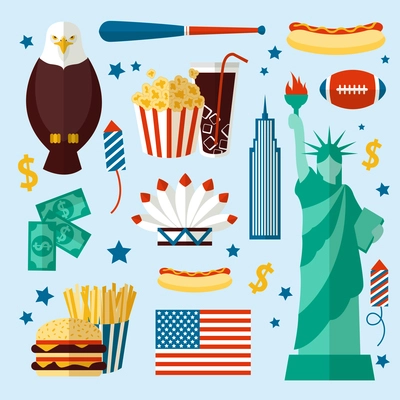 New York USA set of liberty statue skyscraper fast food isolated vector illustration