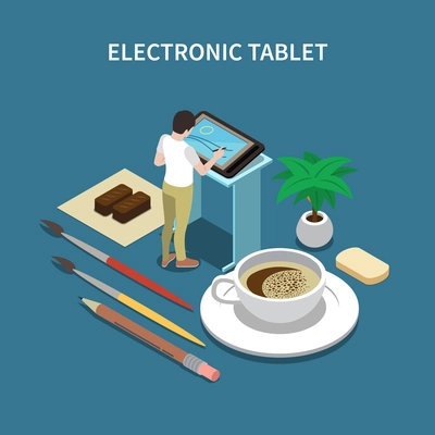 Electronic graphic design tablet for design and drawing with pen brushes and coffee cup isometric vector illustration