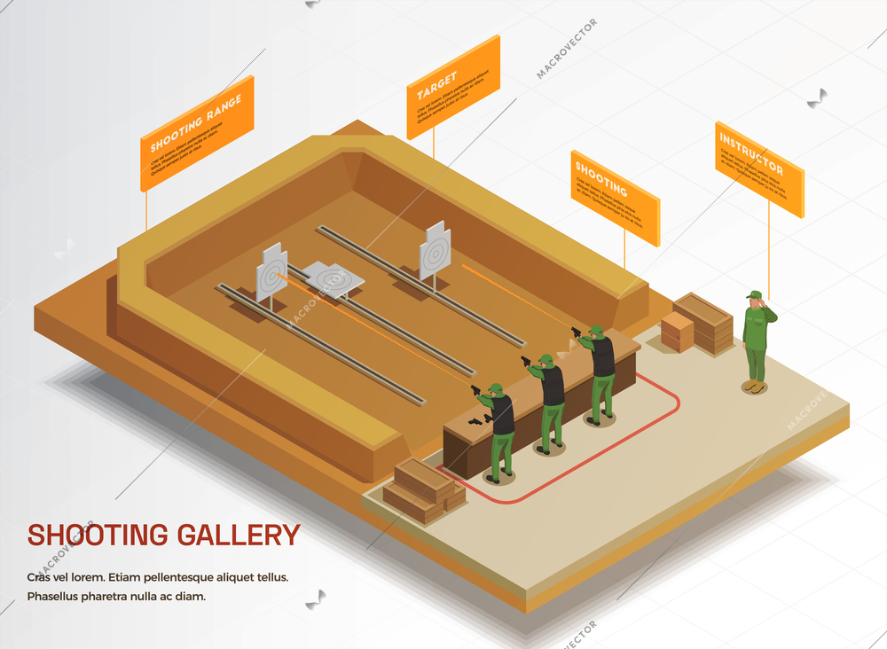 Army weapons soldier isometric infographics with view of shooting range gallery and soldiers practicing dead shoots vector illustration