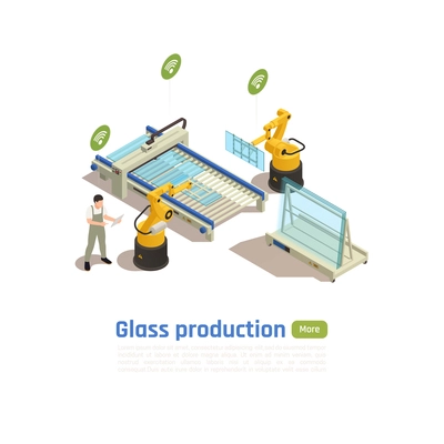 Modern glass production technology isometric composition with computer controlled robotic arm assembling on conveyor belt vector illustration