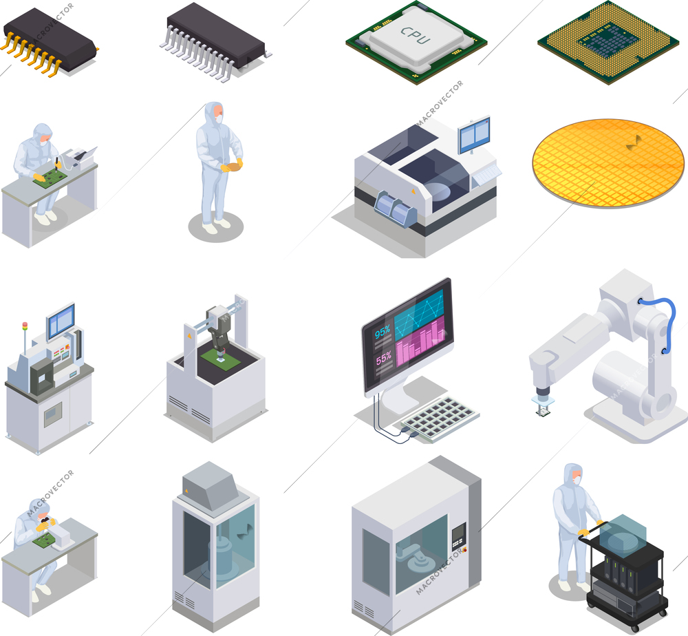 Semiconductor chip production isometric set of isolated icons with people microcontrollers and laboratory racks with computers vector illustration