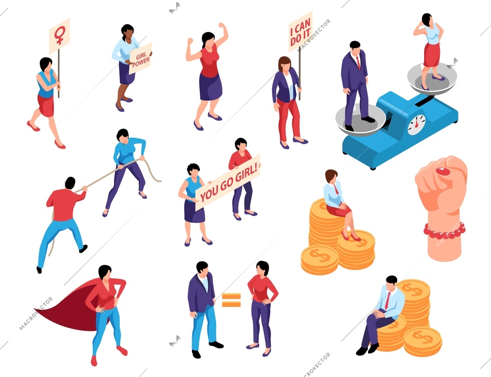 Isometric womens rights feminism gender equality set of isolated human characters with fist and coin piles vector illustration