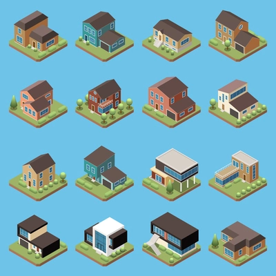 Suburban residential houses isometric set with dwelling place and garage isolated vector illustration