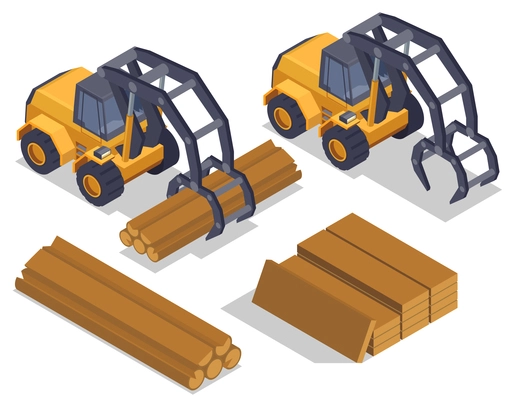 Sawmill timber mill lumberjack isometric composition with isolated images of industrial loaders manipulator vehicles and wood vector illustration