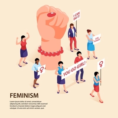 Isometric feminism background with editable text and hand fist with characters of protesting women with placards vector illustration