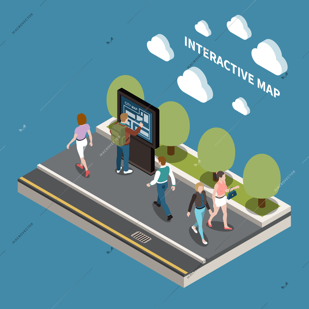 People and interfaces design concept with resident looking at interactive map of city   isometric vector illustration