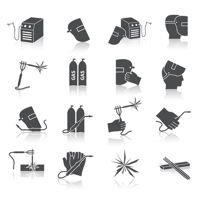 Welder industry construction work repair and manufacturing instruments black icons set isolated vector illustration