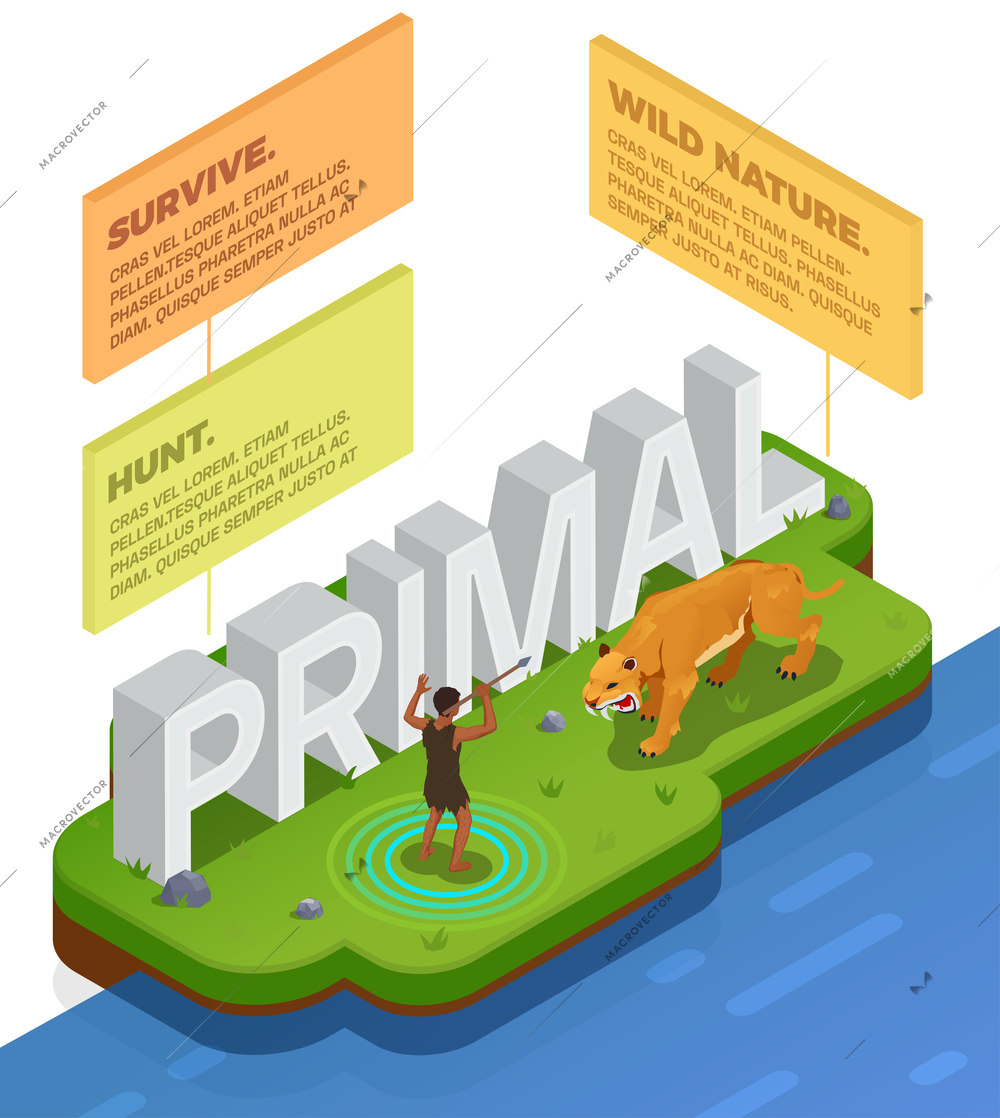 Caveman prehistoric primitive people infographics with scene of human hunting tiger and blocks with editable text vector illustration