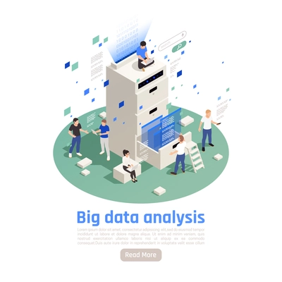 Big data storage solutions analytics modern technology circular isometric composition with interactive analyzing and processing vector illustration